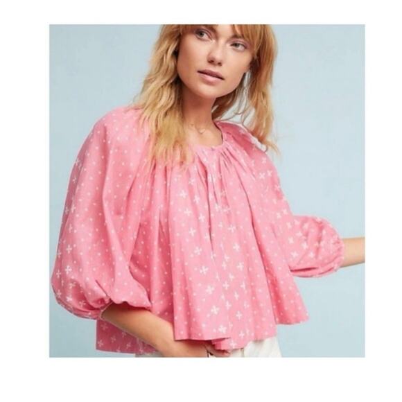 Anthropologie Tops - Anthropologie Kopal Luma Pink Printed Gathered Puff Sleeve Crop Peasant Blouse